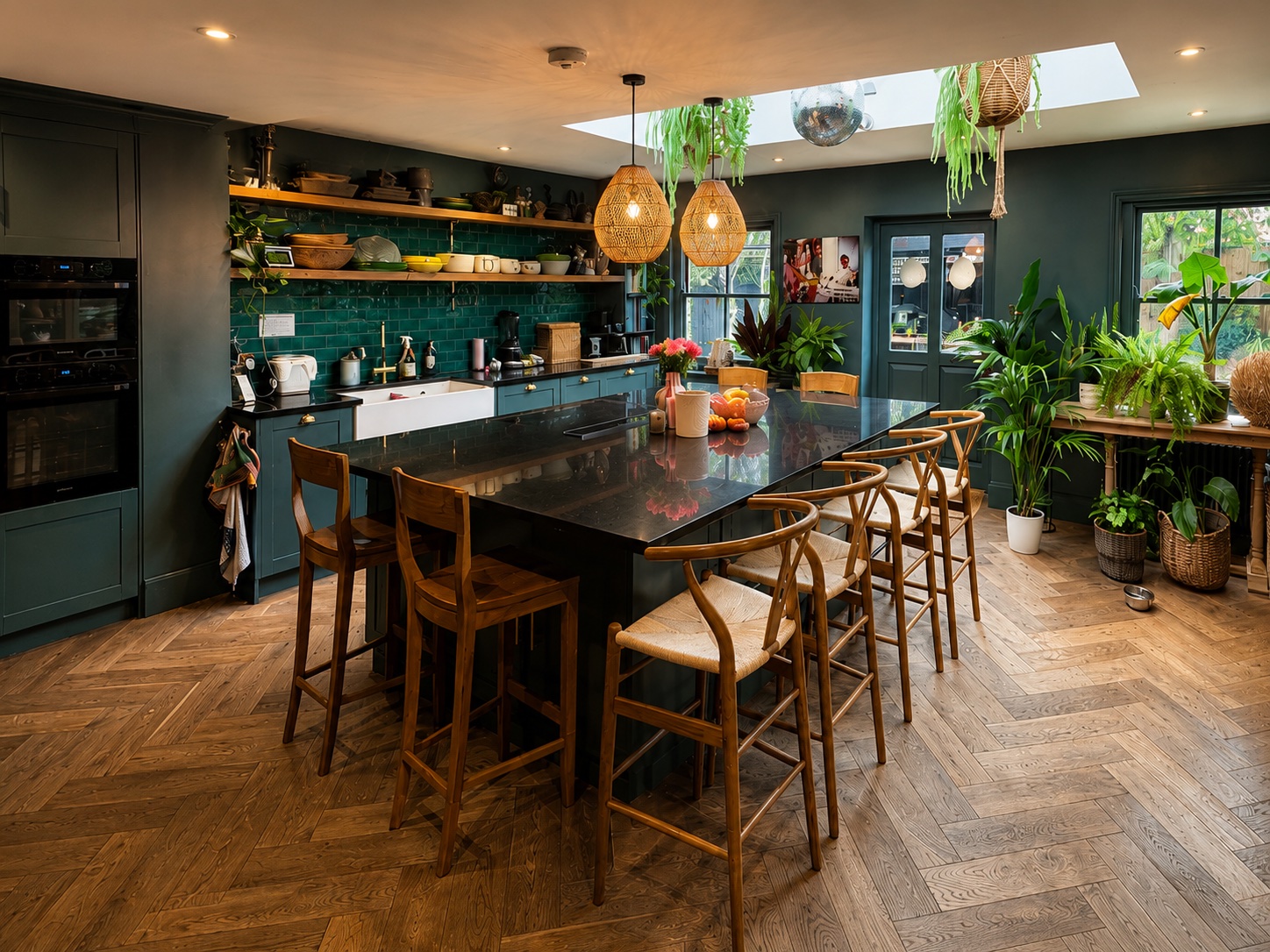Balham kitchen, wider view with dark stone island, wishbone bar stools, herringbone flooring, rattan pendants and hanging plants