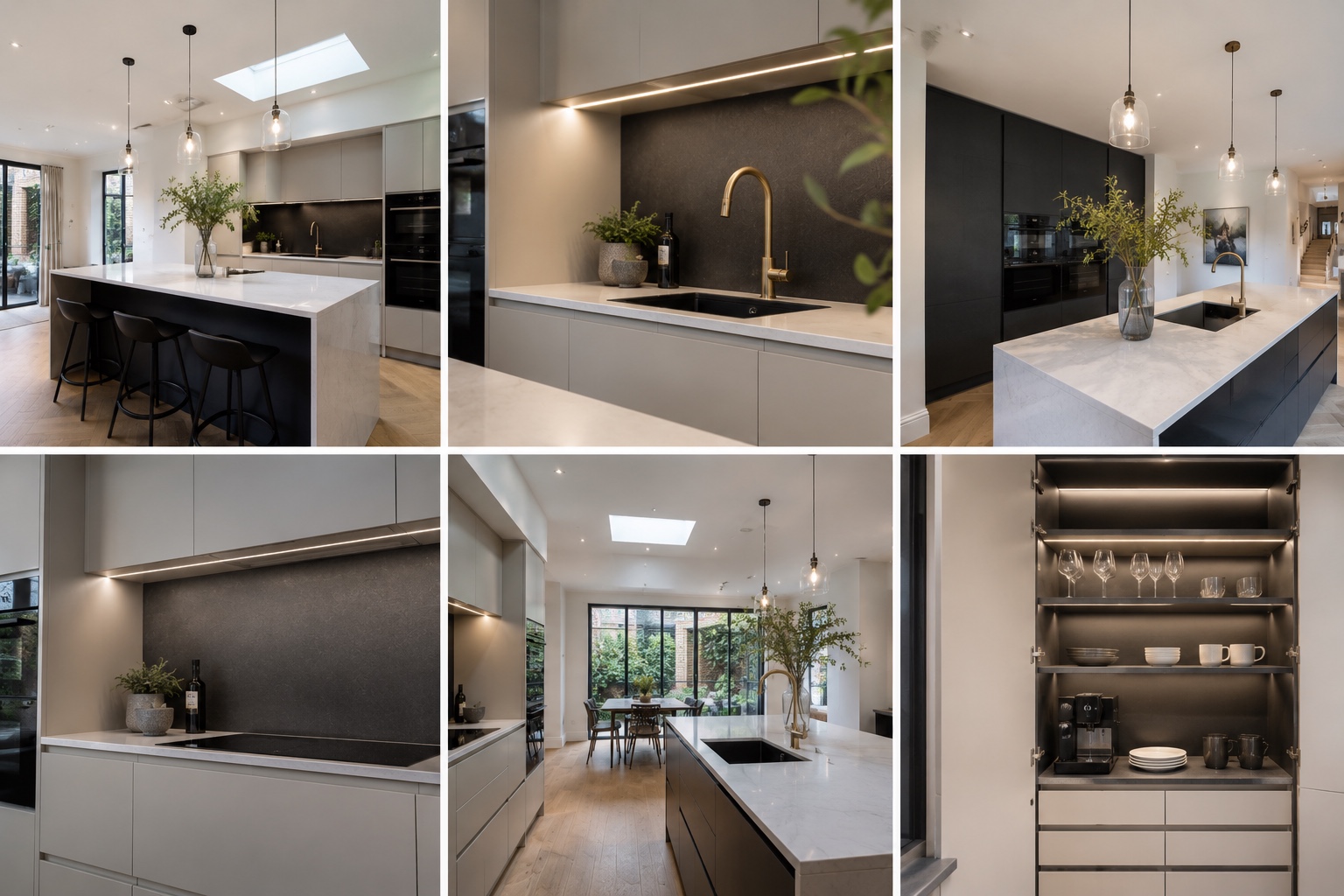 Chelsea SW3 kitchen renovation — island, composite stone worktop, splashback detail, and bespoke cabinetry