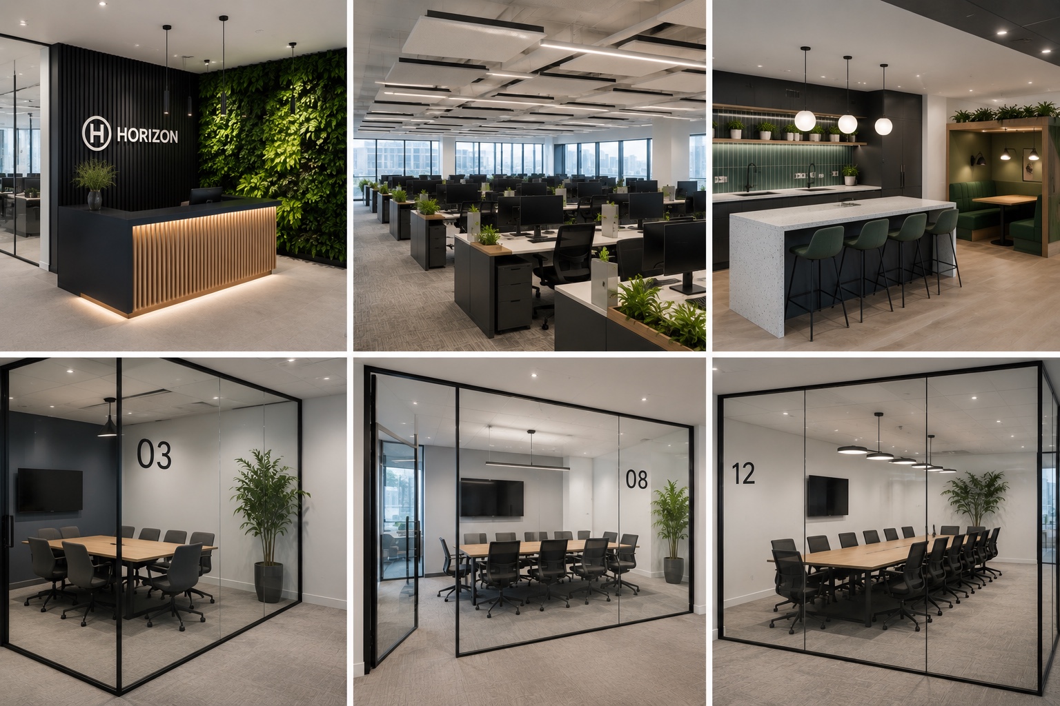 Shoreditch EC2 office fit out — reception, open-plan workspace, breakout kitchen, and meeting rooms