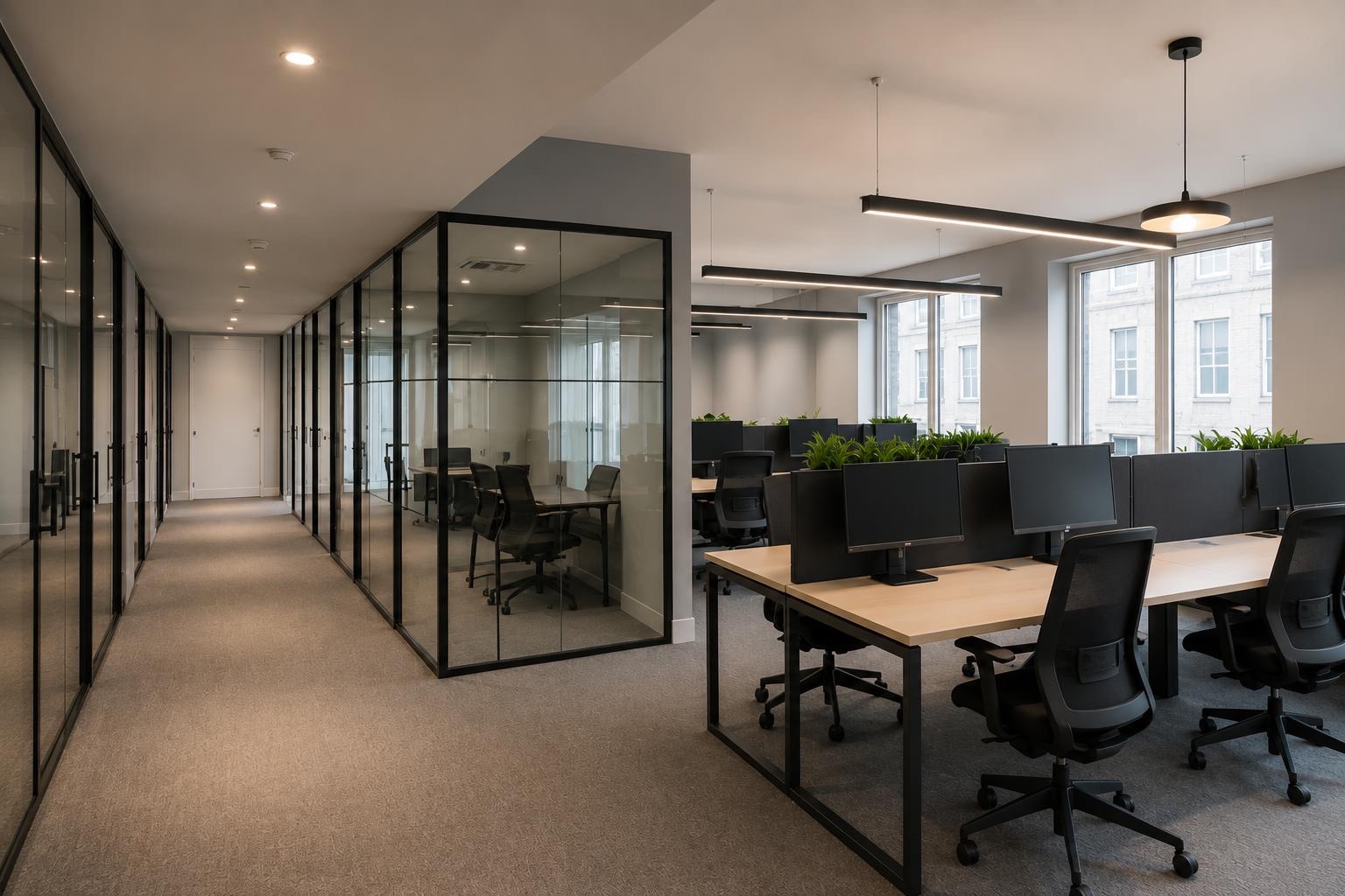 Office fit out in Victoria, London SW1, glass partitions, LED lighting, and modern workspace by Pro House