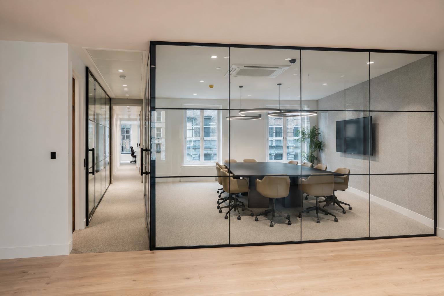 Executive office fit out in Victoria SW1, bespoke boardroom with frameless glass partitioning, sculptural LED pendants, leather conference seating, and luxury timber flooring