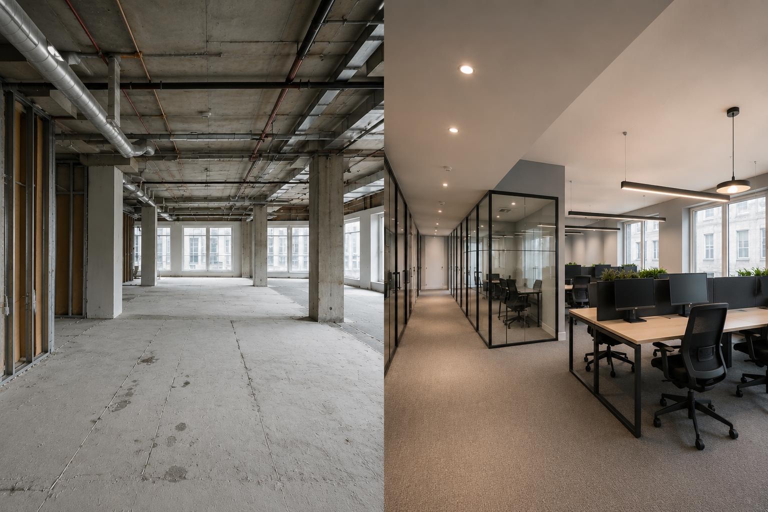 Victoria SW1 office fit out, before and after, from raw concrete shell to modern workspace with glass partitioning, LED lighting, and commercial flooring