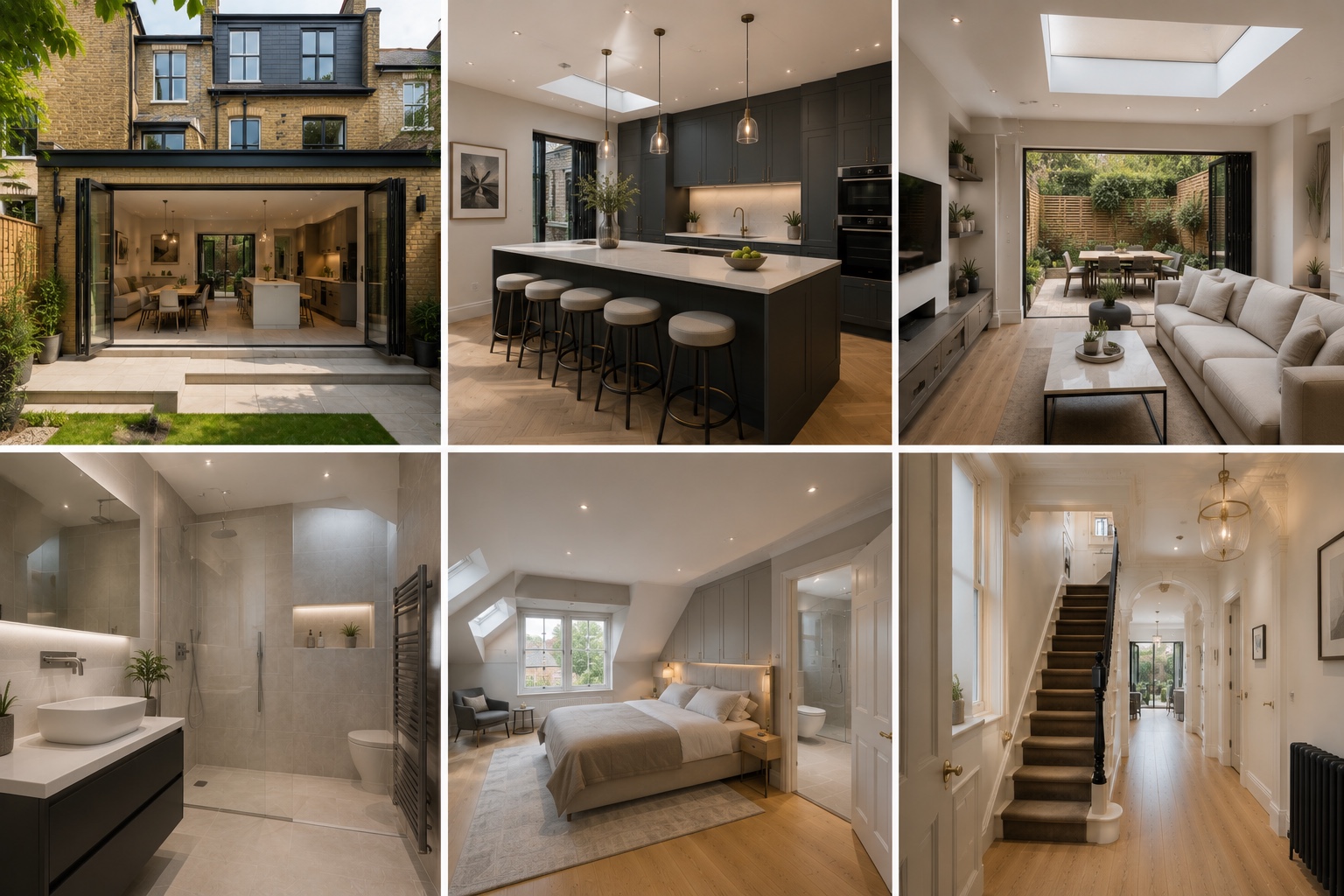 Wandsworth SW18 Victorian house renovation — rear extension, kitchen, living area, bathroom, bedroom, and hallway